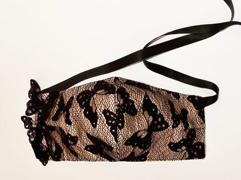 Couture Butterfly French Lace mask- Black/nude